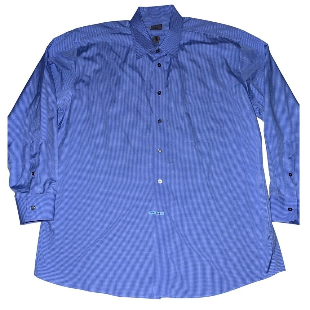 Calvin Klein Mens Blue Grid Print Long Sleeve Button Down Dress Shirt Cotton